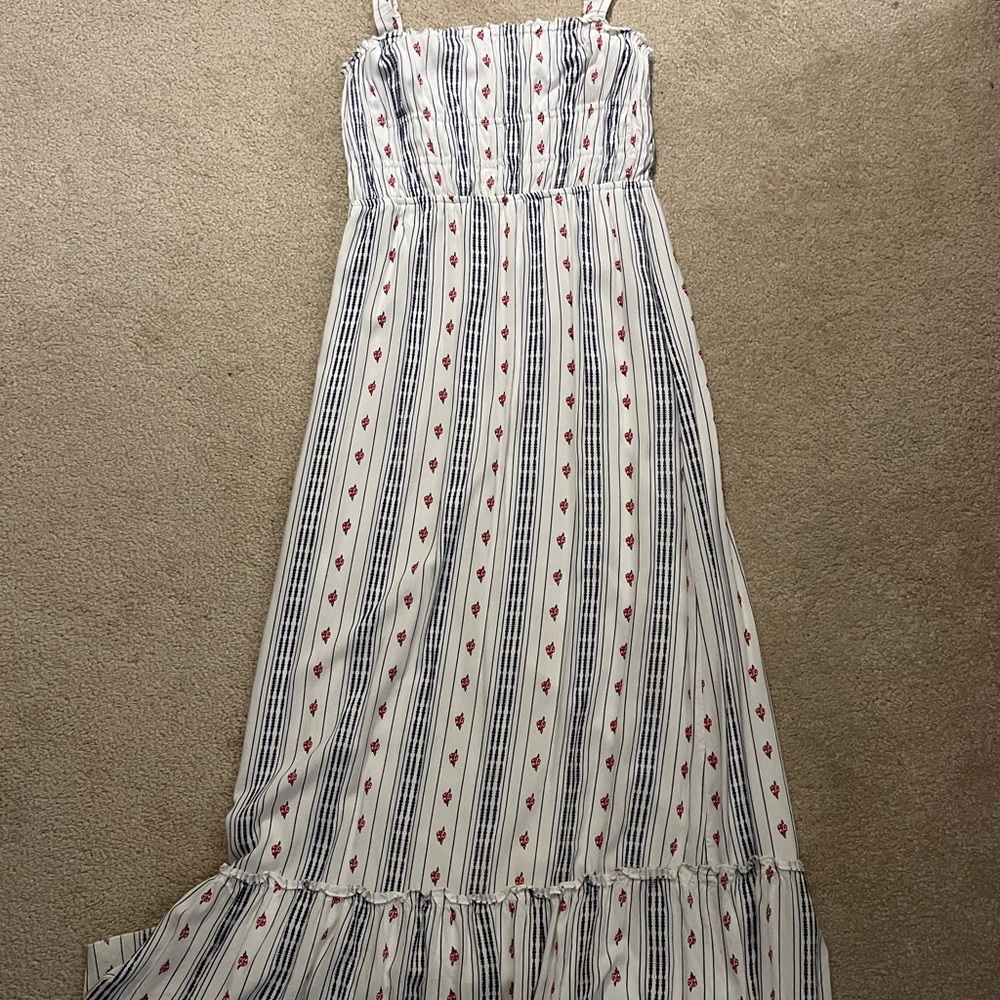 White and Blue Striped Maxi Dress with Red Roses